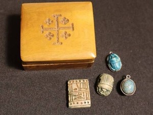 Egyptian Hieroglyphic Tablet, Scarabs and Scarab Pendant