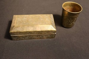 Vintage Egyptian Engraved Brass Box & Tumbler Mixed Lot