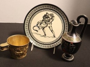 Vintage Greek Minoan-Mycenaean Metal Cup, Wall Plate & Ceramic Pitcher