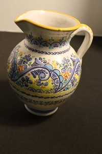 Spanish Hand-Painted Ceramic Pitcher Signed Cruz