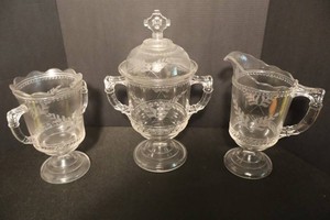 Antique Early American Pattern Glass Sugar Bowl, Creamer & Spooner Set