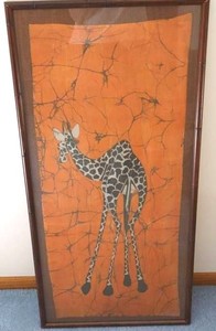 Framed African Batik Giraffe Wax-Resist Textile Painting