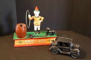 Vintage Cast Iron Trick Dog Clown Bank & Ford Model T Coupe