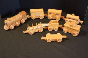 Vintage Handcrafted Wooden Toy Train With 8 Cars