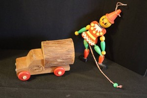 Vintage California Redwood Logger Truck & Mid-Century Wooden Clown
