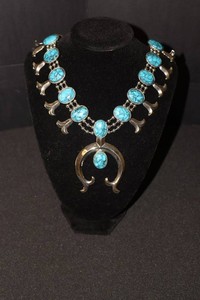 Vintage Goldette Faux Turquoise Squash-Blossom Necklace