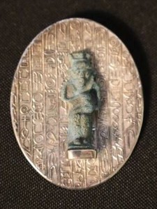 Vintage Egyptian Silver Brooch with Turquoise Faience Ushabti