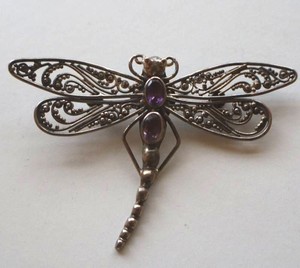 .925 Sterling Silver Dragonfly Pin With Purple Stones