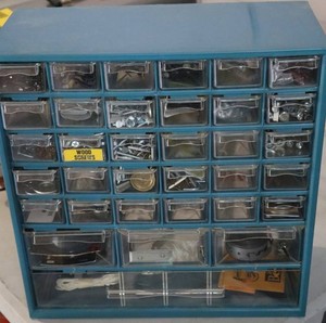 Plastic Multi-Drawer Hardware Storage Cabinet With Contents