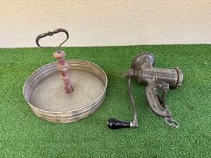 Vintage Galvanized Tin Serving Tray & Meat Grinder