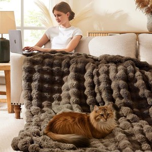 $70 LAGRATY Faux Rabbit Fur Throw Blanket for Couch, 90 x 90, Cocoa Brown