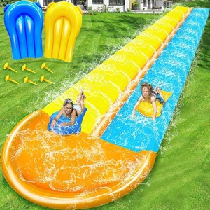 $40 30 Ft Extra Long Slip Water Slide with Sprinkler, Heavy Duty Lawn Water Slide for Kids Adults, Double Lane Water Slide with 2 Bodyboards, Backyard Lawn Summer Outdoor Water Toys for Water Party Play