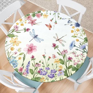 Spring Summer Floral Round Fitted Tablecloth with Elastic Waterproof Outdoor Tablecloth Wipeable Table Cover for Indoor Kitchen Home Party Fits 40-44 Diameter Round Tables