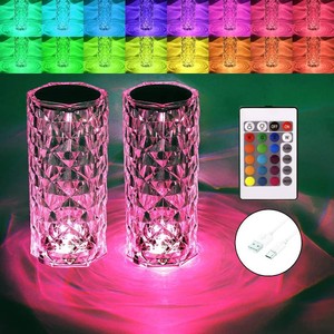 $20 BGFHome 2 Pack Crystal Table Lamp 16 RGB Color Changing Rose Diamond Touch Lights, Protable Rechargeable Cordless Bedside Night Light with Remote, Aesthetic Room Decor Gift for Bedroom, Party, Dinner