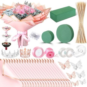 $31 XunYee Bouquet Kit 20 Sheet Flower Wrapping Paper 100 Pcs Bamboo Skewers Floral Foam Blocks for Anniversary Birthday Gift Graduation Mothers Day(Pink)