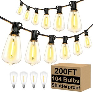 $80 Brightever Outdoor String Lights 200FT Waterproof, Patio String Lights for Outside with 1004 ST38 Shatterproof LED Filament Bulbs, Dimmable Hanging Lights for Christmas, Party, Cafe (2-Pack 100FT)