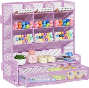 $20 Marbrasse Larger Mesh Desk Organizer with Drawer, Multi-Functional Pen Pencil Holder, Easy Assembly, Desk Organizers and Accessories for Office Art Supplies (Purple)