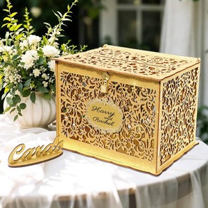 $23 OurWarm Glittery Gold Wedding Card Box with Lock, Wood Gift Card Box for Wedding Reception, Envelope Box for Party Graduation Birthday Baby Shower Decorations
