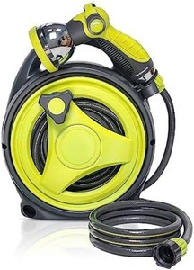 $42 YASHINE Retractable Garden Hose Reel, Portable Hose Reel, 455FT with 10 Patterns Spray Nozzle, Adapts to standard US hose plugs, 50FT Hose Reel for Garden Watering Car Washing Pet -Green