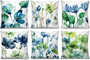 $23 COMMINY Blue Green Linen Pillow Covers 18x18 Set 6 Floral Throw Cover