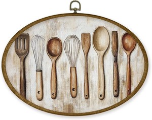 JMENGSSFL Vintage Kitchen Utensil Oval Wall Art Decor, Rustic Farmhouse Canvas Prints, Neutral Cottagecore Country Cooking Tools Framed Wall Art for Kitchen Dining Room Home Decor, 11.4x8.6 Inch