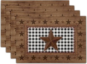 Western Texas Star Placemats for Dining Table Set of 4 Buffalo Plaid Country Wooden Plank Table Mats 18 x12 Inch Non-Slip Dining Table Place Mats for Party Kitchen Indoor Decor