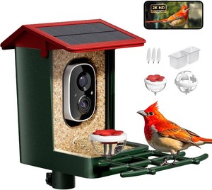 $60 Smart Bird Feeder with Camera Solar Powered, 2K HD Video, AI Bird Species Identification, Instant Arrival Alerts, Weatherproof Design for Effortless Birdwatching, Best Gift for BirdLovers, Red