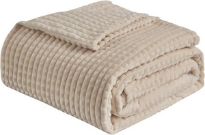 EMME Fleece Blanket Twin Size Luxury Flannel for Couch Bed Sofa Chair, Soft, Plush, Warm and Cozy Blanket with Geometric Grid Design (Beige, 60 x 80)