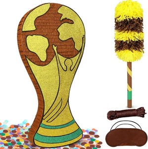 $45 25 World Cup Trophy Pi ata - Large Gold Champion Cup Pinata with Stick, Blindfold & Confetti - Soccer Theme Birthday Decorations, Sports Party Supplies for Boys Kids & Adults Victory Celebration