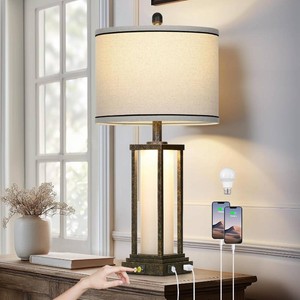 $70 27inch Tall Bedside Table Lamps with Charging Ports for Living Room,Traditional Lamp with Night Light for Bedroom Nightstand,Single Bronze