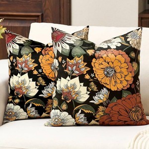 Tyrot Black Boho Floral Velvet Throw Pillow Covers 18x18 Inch Set of 2 Farmhouse Vintage Cushion Covers Mid Century Modern Botanical Home Decor Pillow Cases for Couch Bed Sofa Living Room, Bedroom