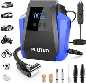 PULITUO 12V DC Tire Inflator - Portable Air Compressor 35Lmin, 150 PSI Car Tire Pump with Auto Shut Off, Digital Pressure Gauge and LED Light, Blue
