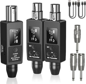 $50 Wireless XLR Transmitter and Receiver Rechargeable Mic Adapter UHF 98ft Range,Dual Receiver Support 20 Channels XLR to 14 Adapter, for Condenser Mics, Audio Mixer,Electric Guitar Bass