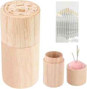 TECHPLUS Pin Cushion - Wooden Sewing Needle Holder Pincushion- Portable Pin Holder with 12 Embroidery Needles - for Stitching, Hand Crafts, Knitting, Women Girls
