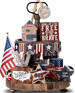FoldTier 18 Pcs 4th of July Wooden Tiered Tray Decor Set,Freedom