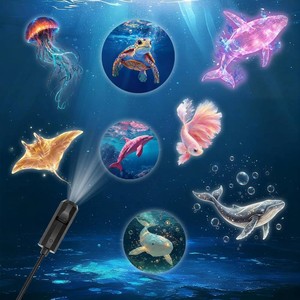 Ocean projection light with 8 interchangeable marine life light panels (whale, jellyfish, sea turtle), USB powered, 360  rotating, creating an immersive underwater world a creative decorative gift.