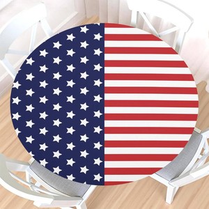 4th of July Round Fitted Tablecloth with Elastic Edge,Waterproof Red White Stripes Blue Patriotic Independence Memorial Day Table Cover for 40-44 Stretch Table Cloth for Dinner Indoor Outdoor Party