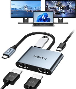 $26 USB C to Dual HDMI Adapter 4K30Hz, KOZYC USB C Hub Multiport Adapter with 2xHDMI, USB 3.0, 100W PD, Support USB C to HDMI Splitter Extended Display for MacBook Pro (MST is not Supported on MacOS)