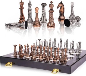 $53 Retro Metal Chess Set for Adults and Kids   Marbling Chess Board with Chess Pieces   Travel Chess Set with Metal Pieces   Folding Chessboard   Ideal for Beginners and Professional Players