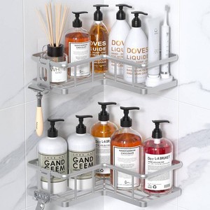 $20 YASONIC Corner Shower Caddy Adhesive, 100% Rustproof Shower Organizer, No Drill Shower Shelf for Inside Shower, Wall-Mounted Shower Storage for Homes (2 Pack, Silver)