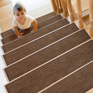 $54 SMILOOL Stair Treads Non Slip for Wooden Steps Indoor 15 Pack 8 X 30 Carpet Stairs Runner for Wood Stairs, Stair Tread Rugs with Reusable Adhesive for Dogs Kids and Elders, Machine Washable, Brown