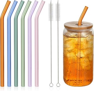 6 Pcs Reusable Bent Glass Drinking Straws,9x10 mm Colorful Glass Straws for Beverages, Shakes, Milk Tea, Juices,Set of 6 Bent with 2 Cleaning Brushes -Shatter Resistant