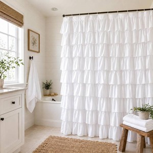 $26 White Ruffle Shower Curtain for Bathroom,72 x 72 Inches, Farmhouse Style