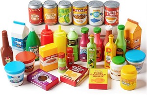 $25 JOYIN 30Pcs Play Food Grocery Cans, Play Kitchen Accessories, Includes Drink, Juice, Jar, Seasoning, Water Bottle, Sauce, Yogurt, Ice Cream, Snack Box, Kids Gifts & Indoor Toys