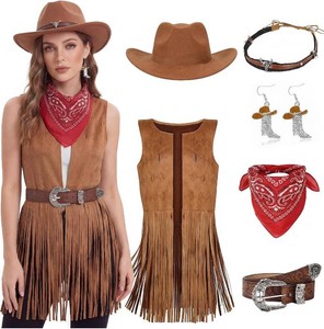 $31 6 PCS Women Cowgirl Costume Set Western Cowboy Outfits with Vest Hat Belt Earring Bandana for Halloween Costumes 2026 Cosplay Size XL (MISSING EARRINGS)