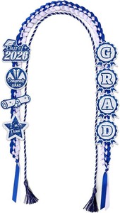Graduation Leis 2026 and Honor Cord Set, Graduation Money Lei Class 2026 with 8 Glitter Patches DIY Handmade Braided Ribbon for Grad Party Decoration (Blue & White)
