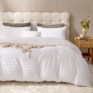 $30 JELLYMONI Plush Duvet Cover Set, Queen Pure White Striped Fluffy Shaggy Comforter Cover 3pcs Bedding Set, 90 90