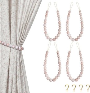 Hion 4 Pcs Boho Curtain Tiebacks,Wood Beads Curtain Holdbacks,Outdoor Farmhouse Tie Backs for Curtains,Curtain Holders for Drapes Home Office Decor with Hooks(White Washed)