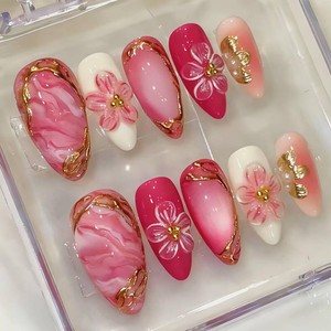 30Pcs Pink Press on Nails Medium Almond Fake Nails with Gold Beads 3D Flower Acrylic Nails Press on Pink Gradient False Nail Set Spring Summer Flower Full Cover Glue on Nails for Women Nail Designs