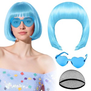 PLULON Light Blue Bob Wig with Heart Sunglasses Hair Cap Neon Colored Wigs